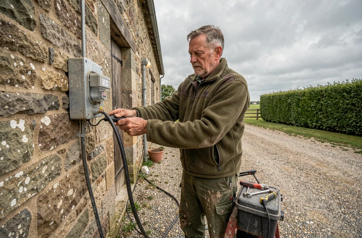 Électricien de Élec Bocage raccordant un câble électrique à un bâtiment agricole dans le bocage normand du Calvados
