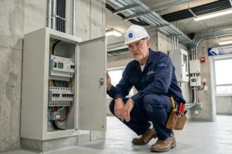 Électricien professionnel travaillant sur un tableau électrique dans le Calvados, représentant le top 10 des électriciens de la région en 2026