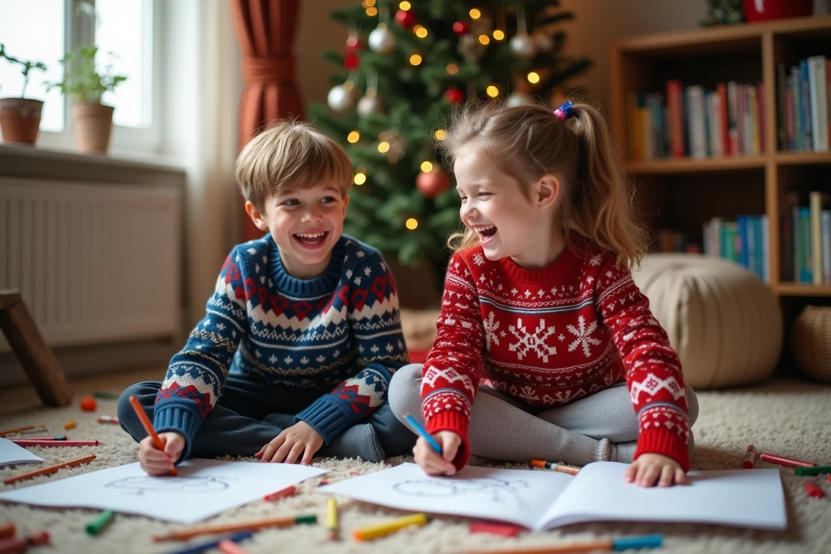 Enfants jouant avec des crayons pour leurs cartes de Noël