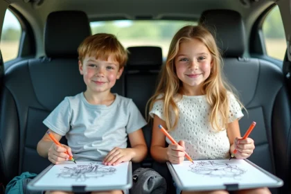 Deux enfants colorient dans une voiture en voyage