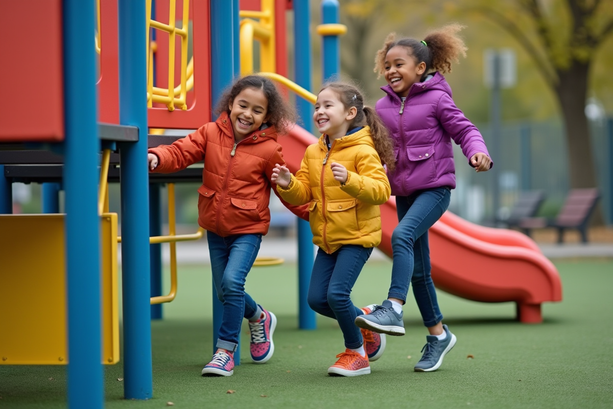 Enfants riant jouant sur une aire de jeux en plein air