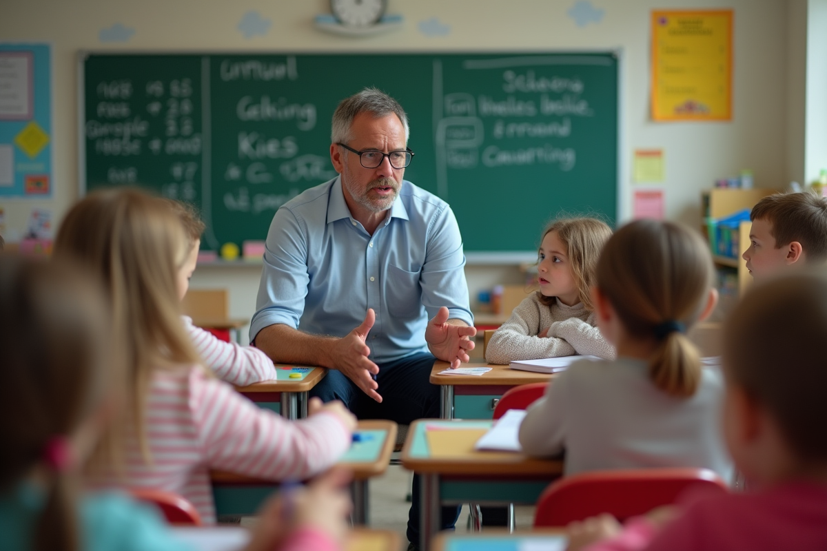 Professeur parlant avec des enfants dans une classe colorée