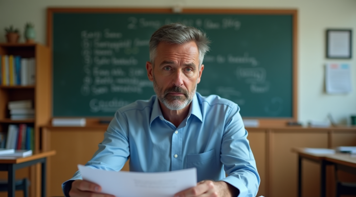 Professeur en classe examinant des essais d'élèves