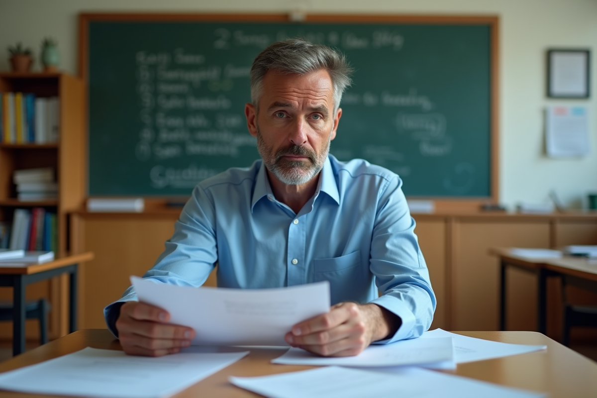 Professeur en classe examinant des essais d'élèves
