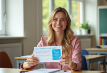 Enseignante souriante tenant des vouchers vacances françaises dans une classe lumineuse