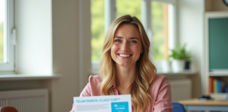 Enseignante souriante tenant des vouchers vacances françaises dans une classe lumineuse