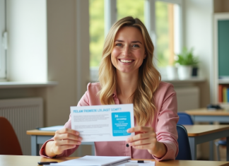 Enseignante souriante tenant des vouchers vacances françaises dans une classe lumineuse