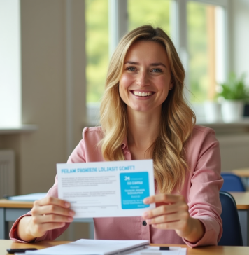 Enseignante souriante tenant des vouchers vacances françaises dans une classe lumineuse