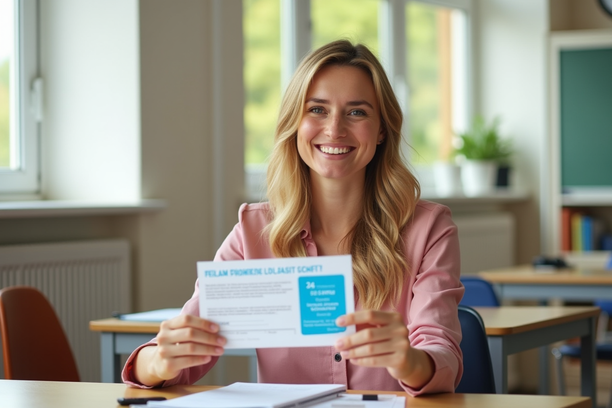 Enseignante souriante tenant des vouchers vacances françaises dans une classe lumineuse