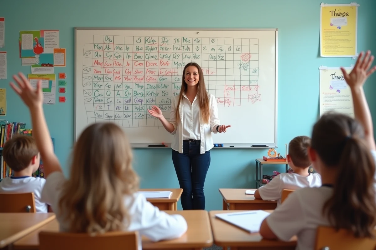 Enseignante animant un jeu de mots pédagogique de type Wordle au tableau devant des élèves en classe primaire