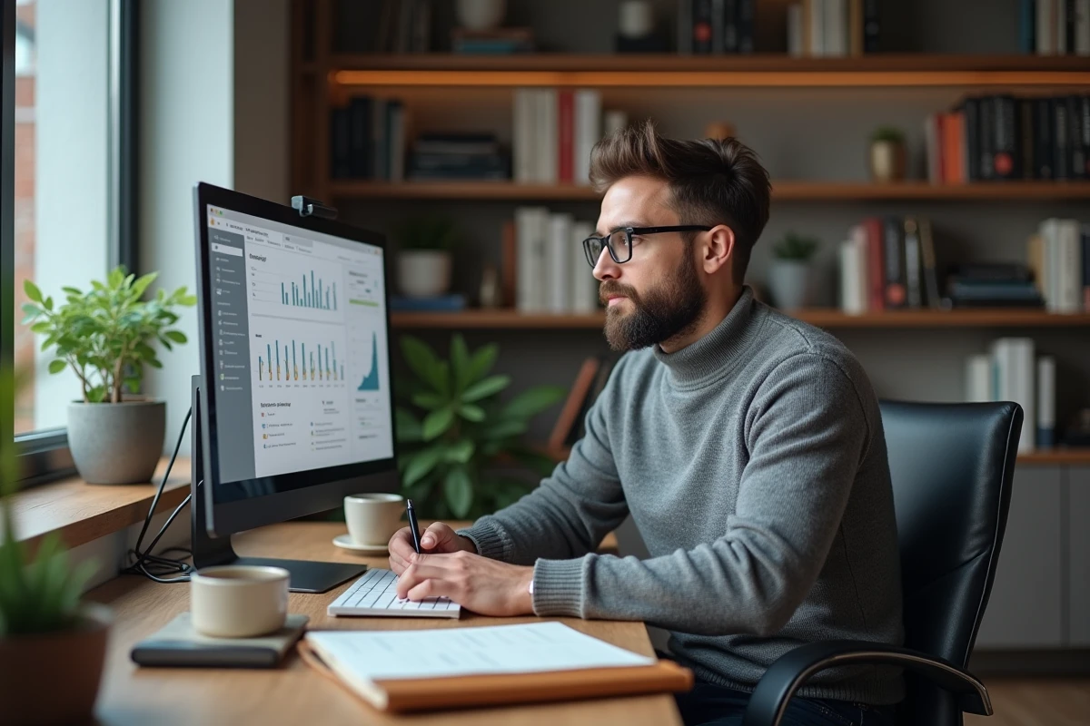 Entrepreneur travaillant seul depuis son bureau à domicile sur une plateforme de réseau professionnel