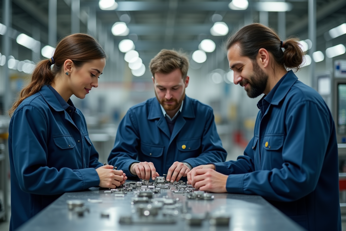 Equipe diverse assemblant des composants en usine