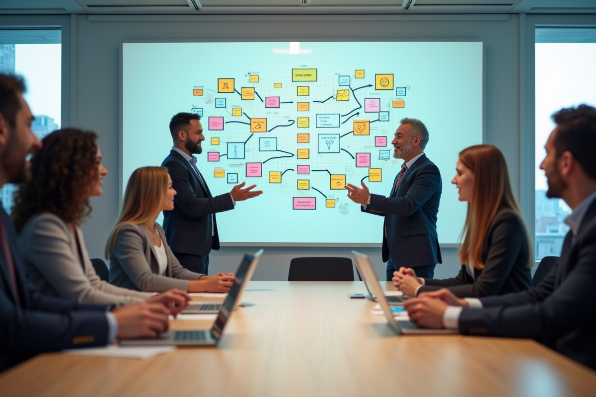 Groupe de collaborateurs discutant autour d un tableau blockchain