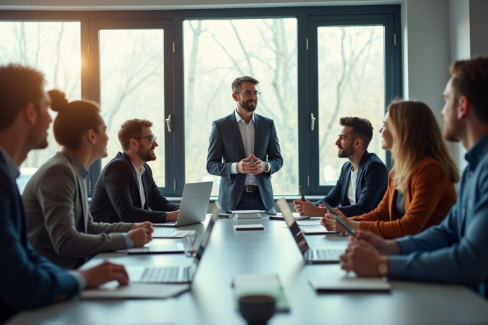 equipe-bureau-discussion Groupe de collaborateurs en réunion dans un bureau lumineux