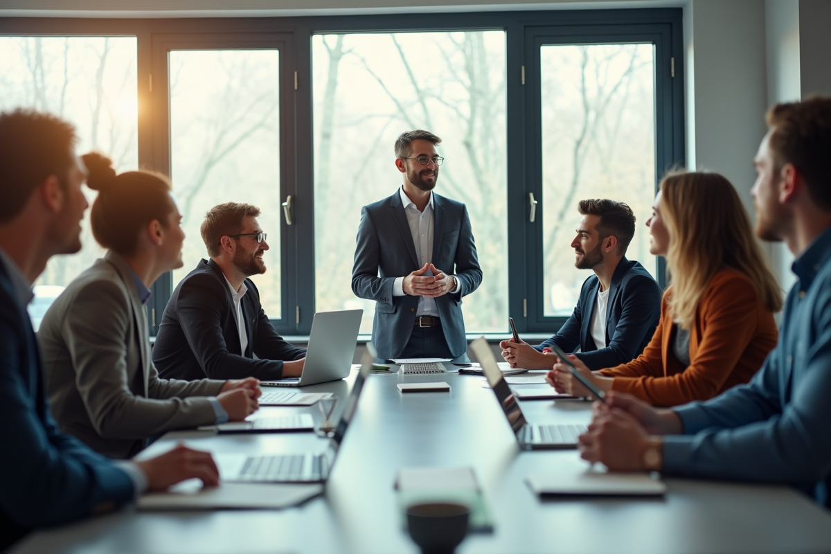 Groupe de collaborateurs en réunion dans un bureau lumineux