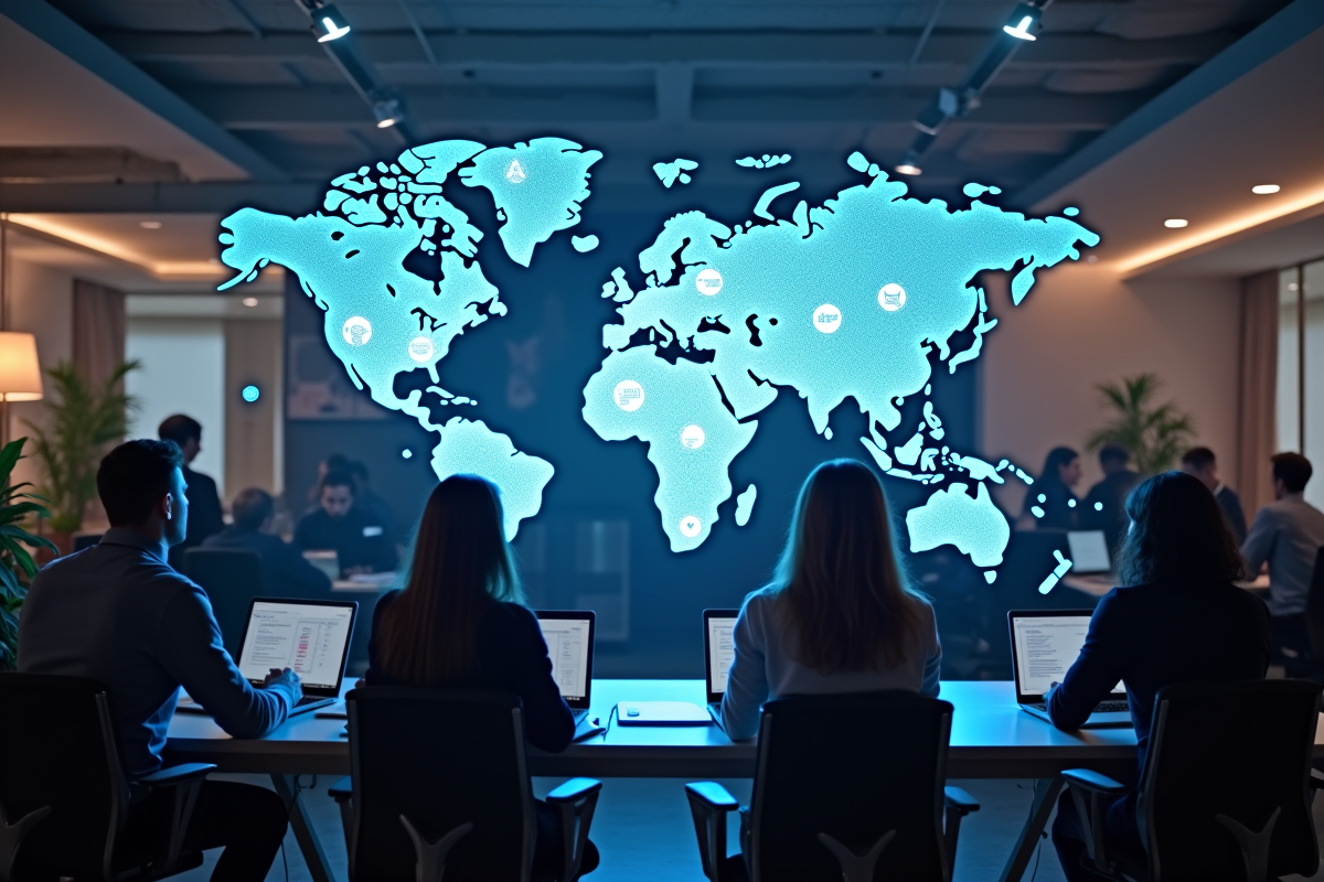 Groupe de personnes communiquant autour d une carte du monde holographique