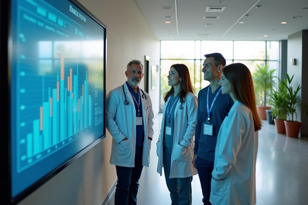 Équipe pluridisciplinaire d'un ESSMS consultant un tableau de bord qualité numérique en réunion