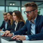 Groupe de professionnels inquiets autour d'un ordinateur en bureau moderne