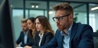 Groupe de professionnels inquiets autour d'un ordinateur en bureau moderne