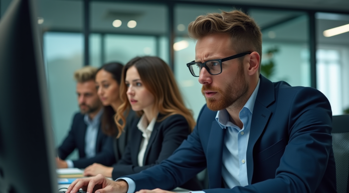 Groupe de professionnels inquiets autour d'un ordinateur en bureau moderne