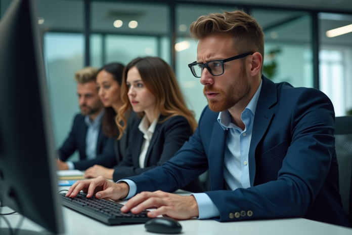 equipes-bureau-inquiet Groupe de professionnels inquiets autour d'un ordinateur en bureau moderne
