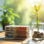 Ecus et billets d euro avec une plante en croissance sur un bureau lumineux