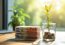 Ecus et billets d euro avec une plante en croissance sur un bureau lumineux