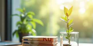 Ecus et billets d euro avec une plante en croissance sur un bureau lumineux