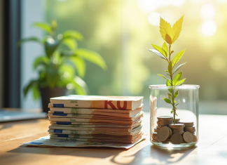 Ecus et billets d euro avec une plante en croissance sur un bureau lumineux