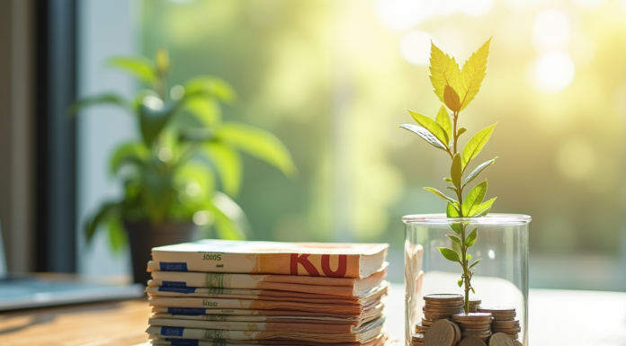 Ecus et billets d euro avec une plante en croissance sur un bureau lumineux