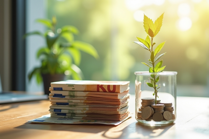 Ecus et billets d euro avec une plante en croissance sur un bureau lumineux