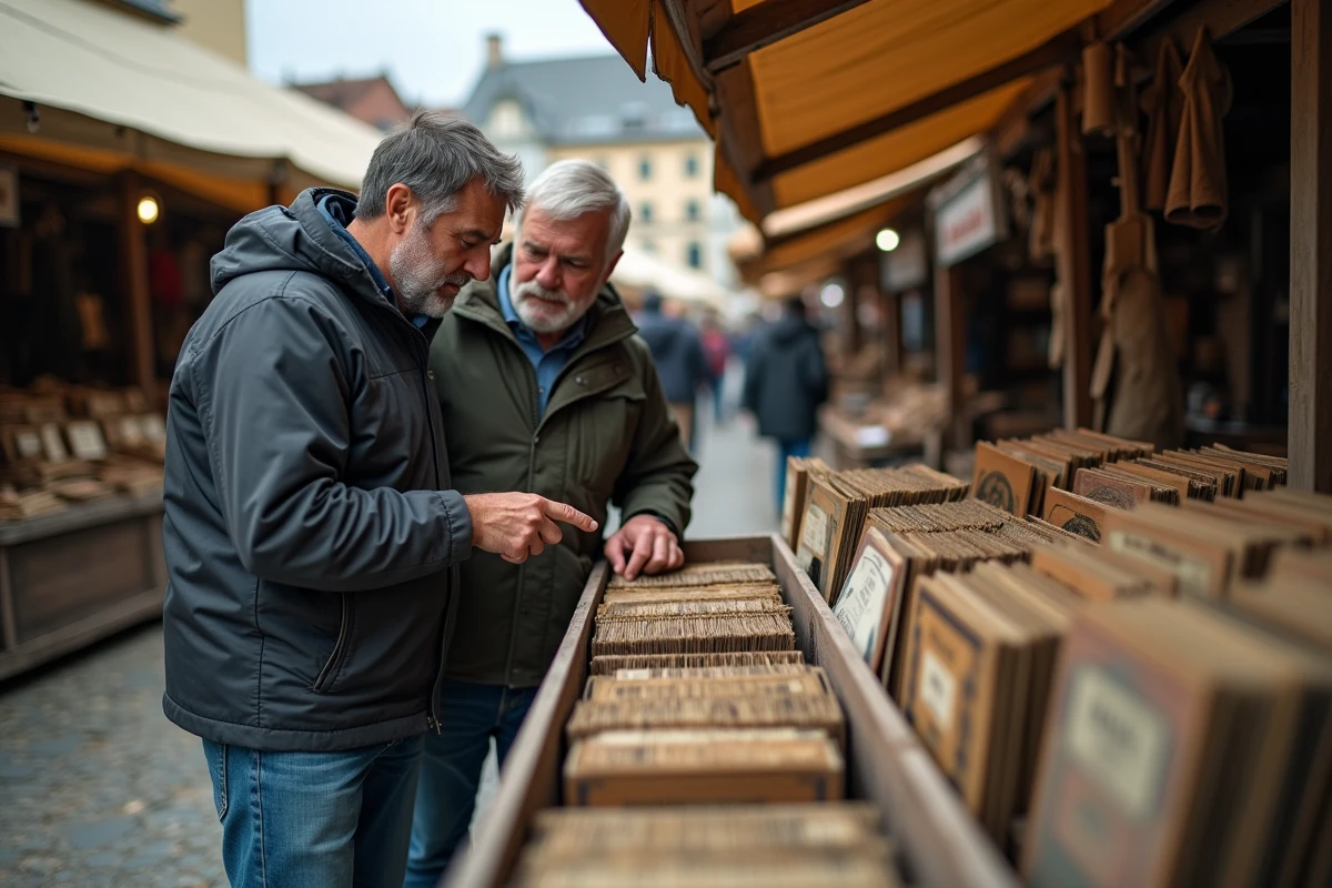Deux collectionneurs évaluant des 78 tours rares dans un bac de marché aux puces en plein air