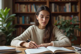 Jeune femme pointant une règle de grammaire française dans un carnet de notes à son bureau, moment de compréhension linguistique