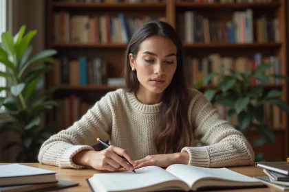 Jeune femme pointant une règle de grammaire française dans un carnet de notes à son bureau, moment de compréhension linguistique