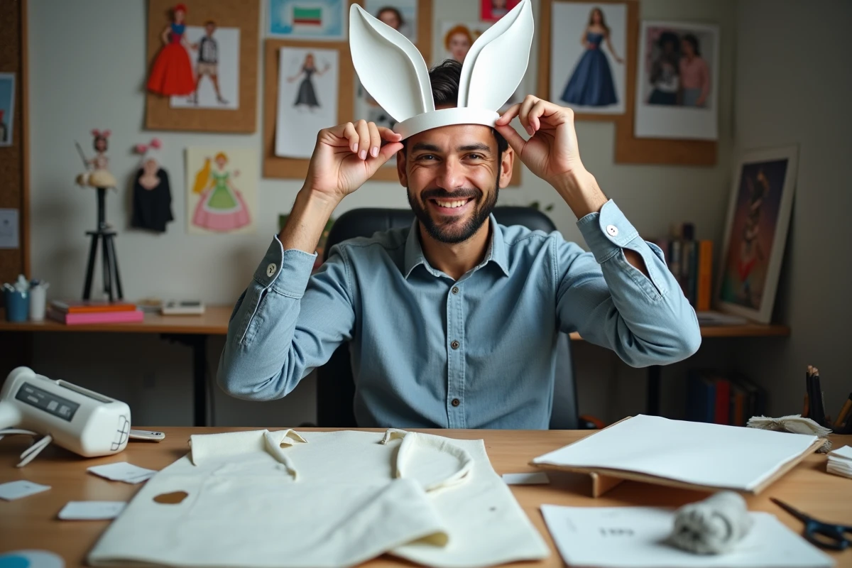 Homme en train de fabriquer un costume DIY de lapin blanc mème Alice au Pays des Merveilles à son bureau avec matériaux de création et références imprimées