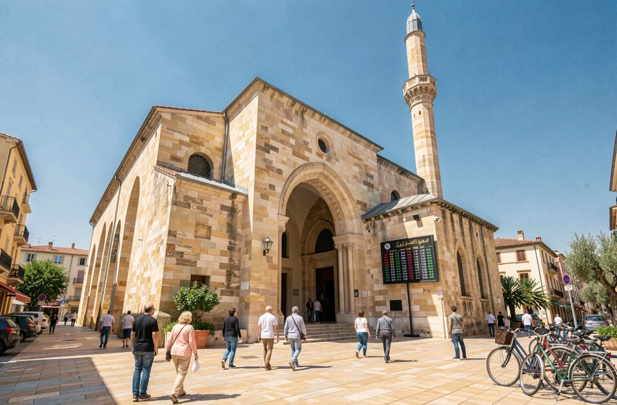 Façade de la Grande Mosquée de Montpellier avec le tableau des horaires de prière affiché à l'entrée