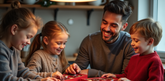 Les meilleurs calendriers de l’avent en chocolat de 2025 : comparatif et avis Famille heureuse découvrant des calendriers de chocolat de Noël