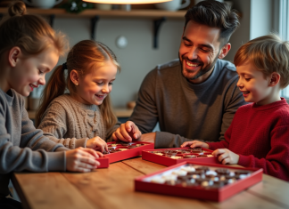 Les meilleurs calendriers de l’avent en chocolat de 2025 : comparatif et avis Famille heureuse découvrant des calendriers de chocolat de Noël