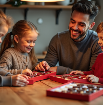 Les meilleurs calendriers de l’avent en chocolat de 2025 : comparatif et avis Famille heureuse découvrant des calendriers de chocolat de Noël