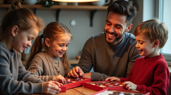 Les meilleurs calendriers de l’avent en chocolat de 2025 : comparatif et avis Famille heureuse découvrant des calendriers de chocolat de Noël
