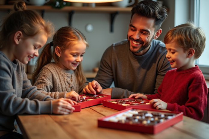 famille-calendriers-chocolat-noel Famille heureuse découvrant des calendriers de chocolat de Noël