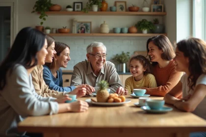 Famille multigenerational diverse autour d'une table en cuisine lumineuse
