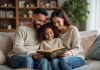 Adoption d’enfant : avantages, procédure et conseils pour une famille heureuse Famille souriante lisant un livre dans un salon chaleureux