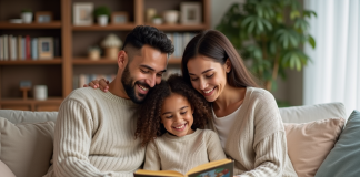 Famille souriante lisant un livre dans un salon chaleureux