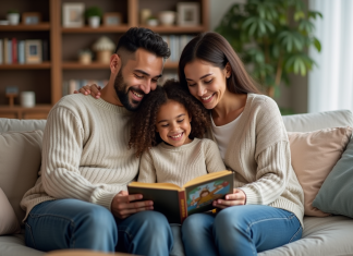 Adoption d’enfant : avantages, procédure et conseils pour une famille heureuse Famille souriante lisant un livre dans un salon chaleureux