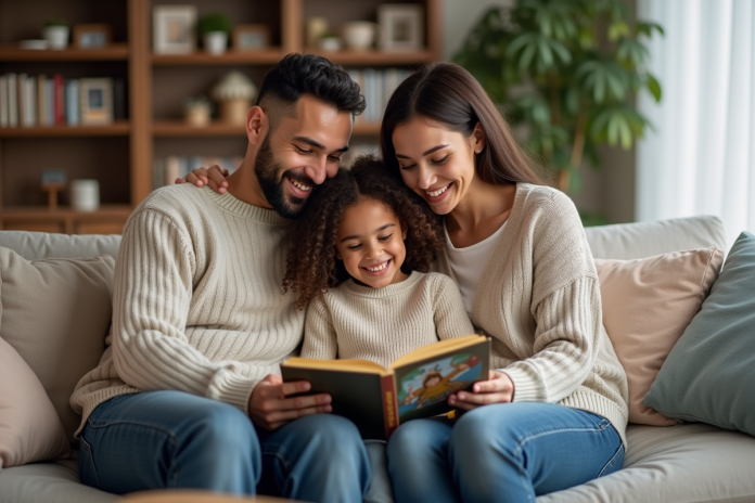 Famille souriante lisant un livre dans un salon chaleureux