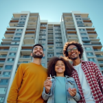 Famille souriante devant un immeuble moderne avec clés