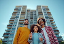 Famille souriante devant un immeuble moderne avec clés