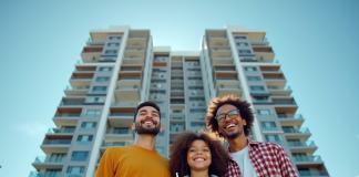 Famille souriante devant un immeuble moderne avec clés