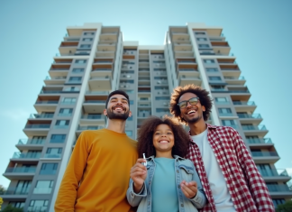 Logement PLS : définition, avantages et conditions d’accès Famille souriante devant un immeuble moderne avec clés